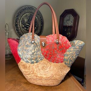 Vintage Handcrafted Straw Beach Bag Tote w/ Pink & Blue Circle Pattern